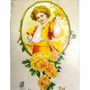 Valentine Postcard Victorian Child Yellow Roses Vintage Embossed Germany Unused